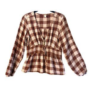 Anthropologie Pilcro Women's Red Pink Plaid V Nec… - image 1